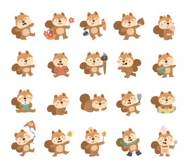 Squirrel character set in scandinavian style with many different emotions and poses including holiday, birthday, valentine, cooking, sport, reading, sleeping, relaxing, celebrating, painting