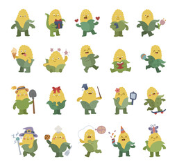 Obraz premium Corn character set in scandinavian style with emotions and different poses including birthday, celebration, valentine, cooking, reading, holding gift, ball, book, balloon, spatula