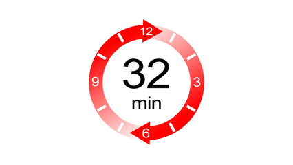 A dynamic 32 minute arrow clock icon illustration. arrow clock 32 minute digital icon illustration. black background 4k illustration.