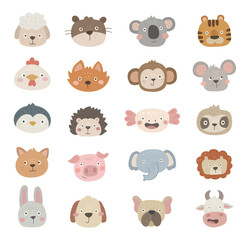 Animal face character set in scandinavian style showing many different emotions with funny different heads in farm, jungle, forest, marine, domestic and wild adorable