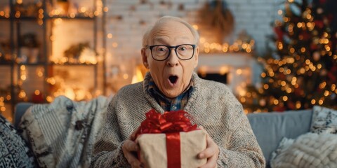 The surprised elderly man receiving a Christmas gift in a cozy home setting.