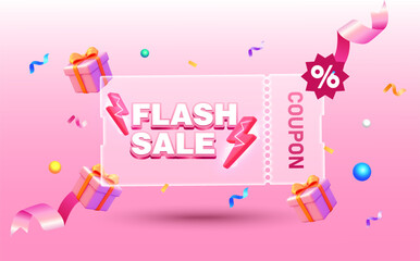 Vibrant pink flash sale coupon with bold 3D text, lightning icons, gift boxes, and festive confetti elements on a pink gradient background. Valentine flash sale gift voucher banner in vector. Vector
