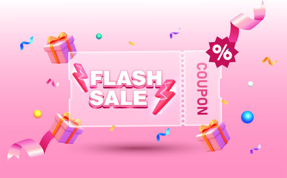 Vibrant pink flash sale coupon with bold 3D text, lightning icons, gift boxes, and festive confetti elements on a pink gradient background. Valentine flash sale gift voucher banner in vector. Vector - Powered by Adobe