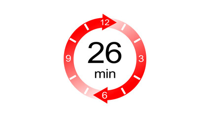 A dynamic 26 minute arrow clock icon illustration. arrow clock 26 minute digital icon illustration. black background 4k illustration.