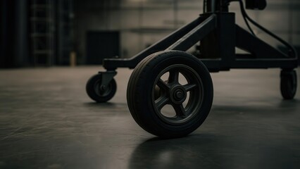 Fototapeta premium television job loss concept. Wheel on a black support stand in an industrial setting.