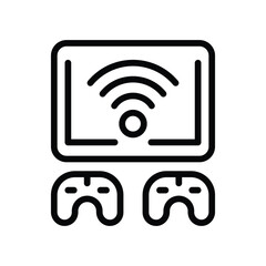A digital game console with screen displaying a wifi signal with two game controllers beneath. Editable stroke. Vector icon illustration