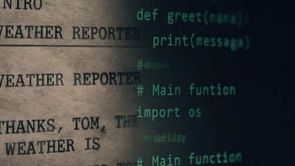 television job loss concept. A split image of text and code, showcasing a weather report and programming elements.