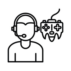 A digital illustration depicts a gamer with a headset and a controller. Editable stroke. Vector icon illustration