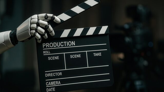 television job loss concept. Robot hand holding a movie clapperboard for film production.