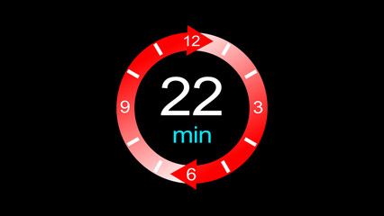 A dynamic 22 minute arrow clock icon illustration. arrow clock 22 minute digital icon illustration. black background 4k illustration.