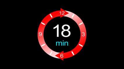 A dynamic 18 minute arrow clock icon illustration. arrow clock 18 minute digital icon illustration. black background 4k illustration.