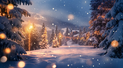 Fototapeta premium Snowy winter landscape with pine trees and Christmas lights, magical atmosphere.