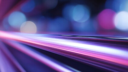 Abstract, vibrant, motion blurred lines of light converge into a tunnel effect, against a backdrop of city lights