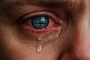 television job loss concept. Tearful close-up of an eye showcasing emotion and vulnerability.