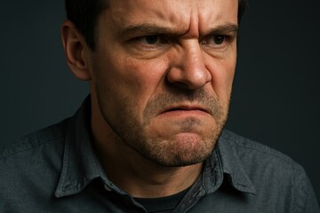 Obraz premium television job loss concept. Angry man with a stern expression in dim lighting.