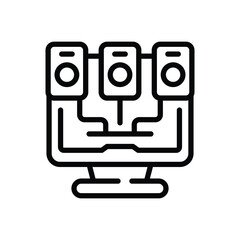 A monitor with three speakers arranged above it connected by lines. Editable stroke. Vector icon illustration