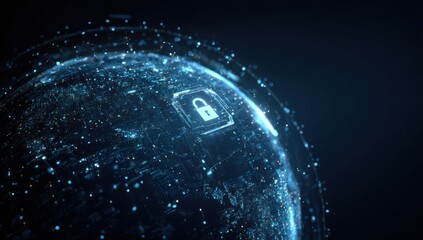 Global digital security. A digital globe, highlighted with glowing lines and points, is centrally focused. A lock icon is superimposed on a graphic chip-like object on the globe?s surface