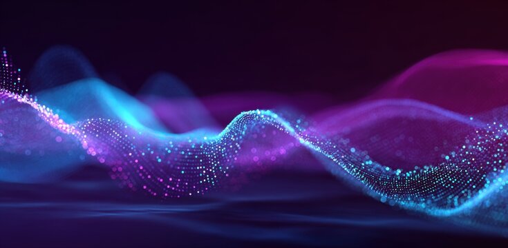 Abstract digital wave forms with vibrant blue and purple particles.  Interconnected data points create a dynamic, flowing pattern against a dark background