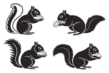 set of Squirrel eating nut silhouette vector