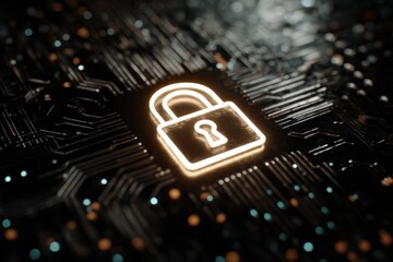 Glowing padlock icon on a circuit board