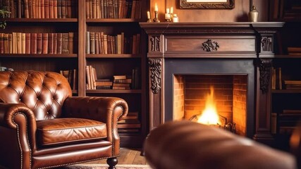 Elegant library fireplace scene