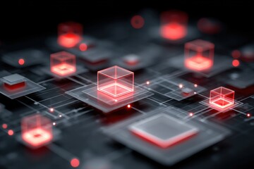 Complex digital circuit network with glowing red cubes