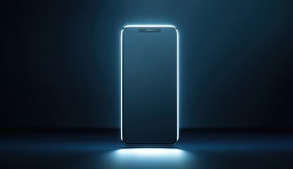 Vibrant photo of blue background with glowing light, with an iphone in the center. the screen of the phone is blank and has no content. there's a spotlight shining on it from.