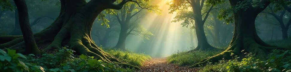 Obraz premium Mystical Twilight Forest Dappled Sunlight Illuminates Mossy Trees, Creating an Enchanted Atmosphere Perfect for Fantasy and Fairytale Designs