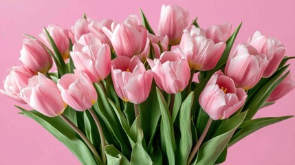 Fototapeta premium Elegant display of pastel pink tulips against a matching delicate backdrop