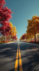 Obraz premium A picturesque autumn road scene, lined with vibrant red and gold trees under a clear blue sky, leaves scattered on the asphalt