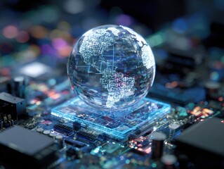 A glass Earth, holographic and detailed, sits atop a circuit board, glowing with blue and other colors.  Intricate circuitry lines the background