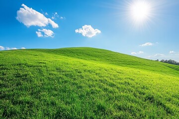 Fototapeta premium Green grassy hill under bright sun with blue sky and white clouds symbolizing nature freshness freedom and peaceful landscape