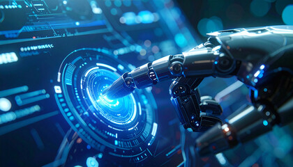 Fototapeta premium Robotic Touch of Innovation: Futuristic close-up of a robotic arm interacting with a glowing interface, symbolizing technological progress and the dawn of a new era.