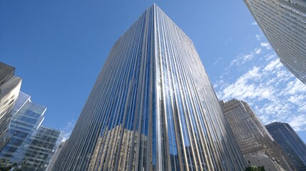 Obraz premium A tall skyscraper with a reflective glass facade stands prominently in a bustling downtown area. The sun shines brightly, illuminating the surrounding buildings.