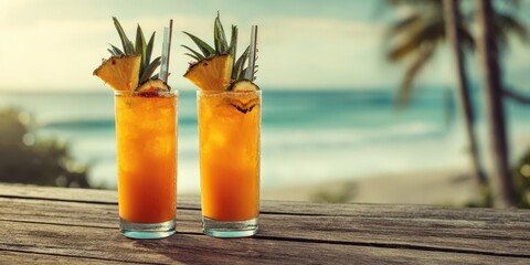 Obraz premium The Refreshing Tropical Cocktails on a Beachside Table during Sunset