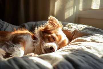 Two dogs cuddling indoors on bed