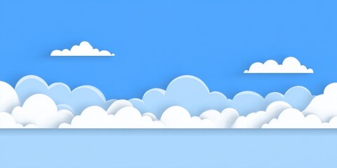 Cartoonish paper cut clouds against a vibrant blue sky.  A horizontal panorama of fluffy white clouds layered over a gradient of light blue sky