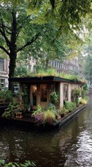 Obraz premium Cozy houseboat with lush greenery atop, nestled in a canal under leafy trees, reflecting in the water. A blend of nature and urban dwelling