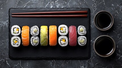 Delicious sushi rolls platter with salmon tuna avocado and soy sauce on black marble background top view