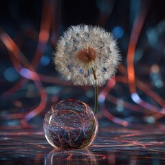 Dandelion and glass sphere, vibrant lights