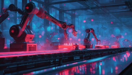 Futuristic factory interior, illuminated by vibrant pink and blue lights, with automated robotic arms working on a conveyor belt