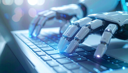 Technological Interface: A close-up shot of a robotic arm delicately typing on a modern laptop, symbolizing the convergence of technology and intelligent machines.