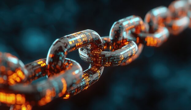A chain link, glowing with digital code,  stretches forward.  Dark background,  blurred with  teal and orange.  Close-up view