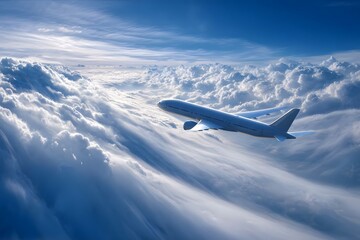 A white plane flies through fluffy clouds against a blue sky.