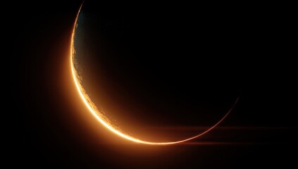 A crescent-shaped planet bathed in golden sunlight against a dark cosmic backdrop.  A glowing, warm light illuminates the planet's edge