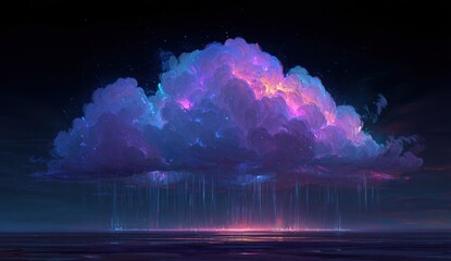 A vibrant, luminous cloud over a dark sea at sunset