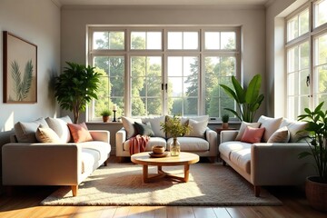 Cozy living room interior with comfortable seating, natural light streaming through large windows, and stylish decor Perfect for relaxation and family time , cozy, sunlight