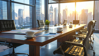 Modern office boardroom with sunlight and city view, g20 summit documents and economic policy discussion create professional atmosphere