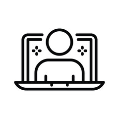 Black and white icon of a person on a laptop with game controller symbols on each side. Editable stroke. Vector icon illustration