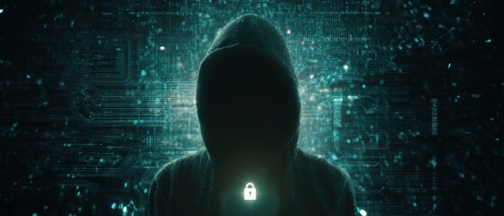 The mysterious hacker silhouetted against a digital backdrop of cybersecurity elements.